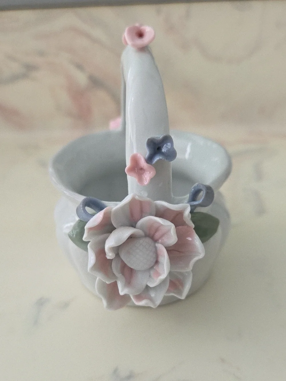 Delicate White Ceramic Flower Basket with Pink Accents